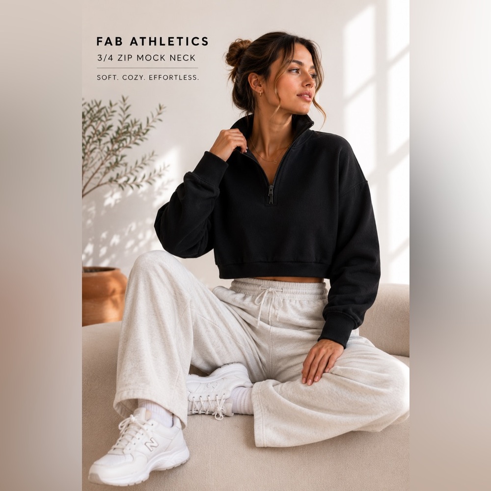 Fabletics 1/3 zip, mock neck, black pullover sweatshirt with pockets